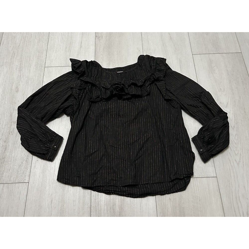 Rebecca Taylor La Vie - Ruffle Top Blouse Sz L - Black Gold Stripes‎